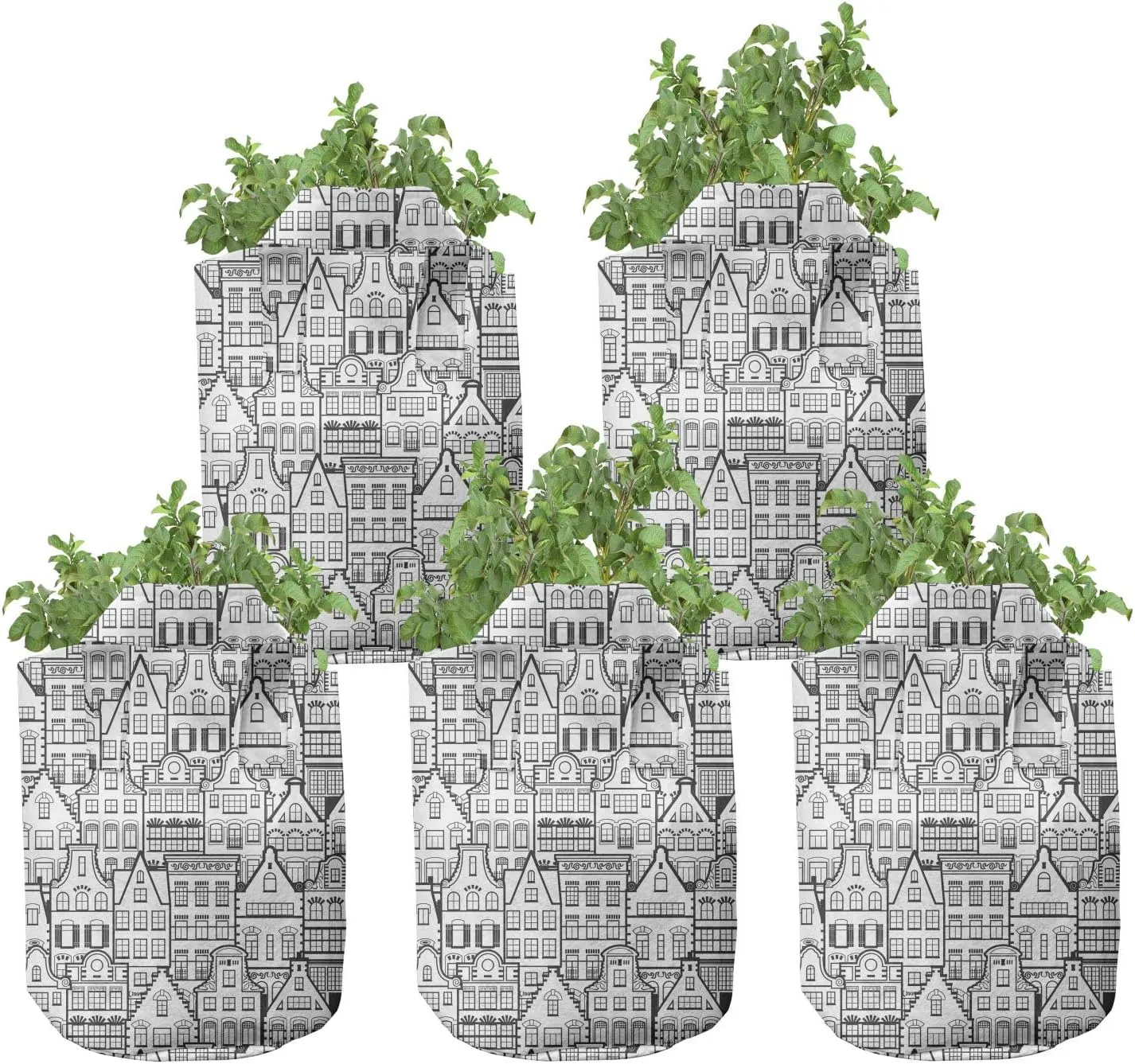Ambesonne Urban Grow Bags 5-Pack, Dutch Holland City Old House, Heavyduty Fabric Pots with Handles for Plants, 7 Gallon, Charcoal Grey White