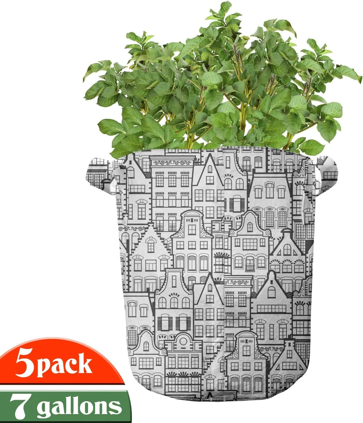 Ambesonne Urban Grow Bags 5-Pack, Dutch Holland City Old House, Heavyduty Fabric Pots with Handles for Plants, 7 Gallon, Charcoal Grey White