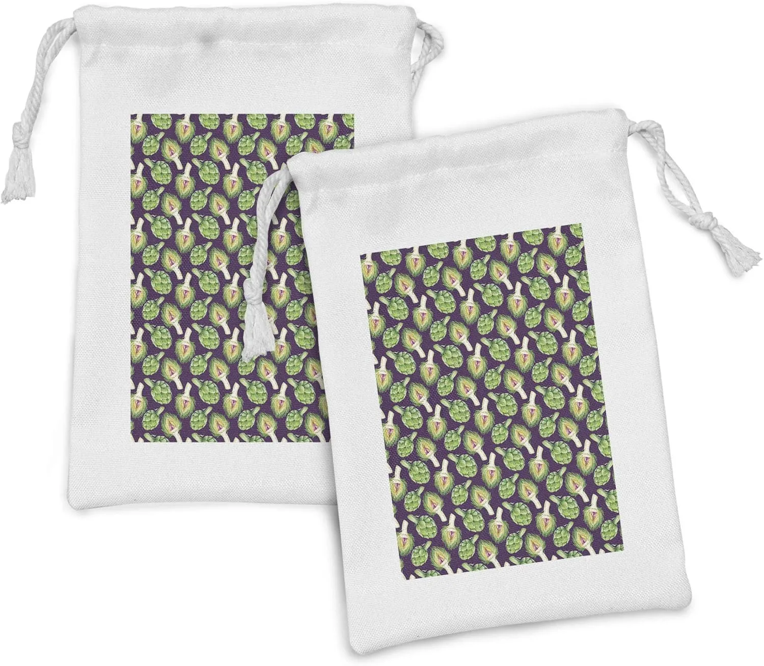 Ambesonne Vegetable Art Fabric Pouch Set of 2, Vibrant Artichoke Motif Exotic Kitchen Tropical Recipe Diet Menu Kitchen, Small Drawstring Bag for Toiletries Masks and Favors, 9" x 6", Fern Green Plum