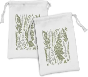 Ambesonne Vintage Botany Fabric Pouch Set of 2, Delicate Exotic Botany of Various Fern Leaves Hand Drawn Pattern, Small Drawstring Bag for Toiletries Masks and Favors, 9" x 6", Sage Green and White