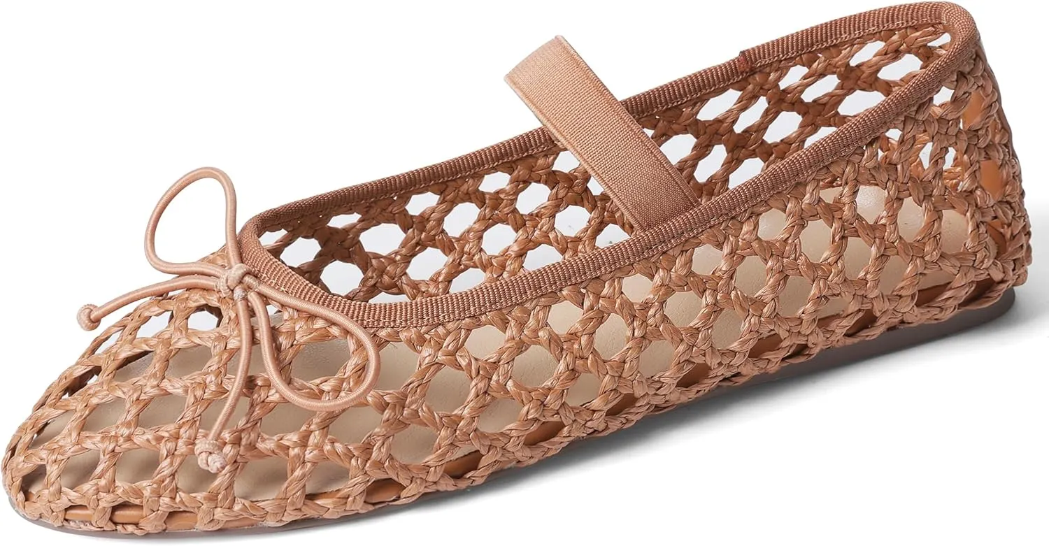 AMINUGAL Raffia Ballet Flats Shoes for Women Dressy Comfortable Woven Straw Women's Flats with Elastic Strap Mesh Flats Bows Raffia Mary Jane Flats Women Ballerina Flats for Women