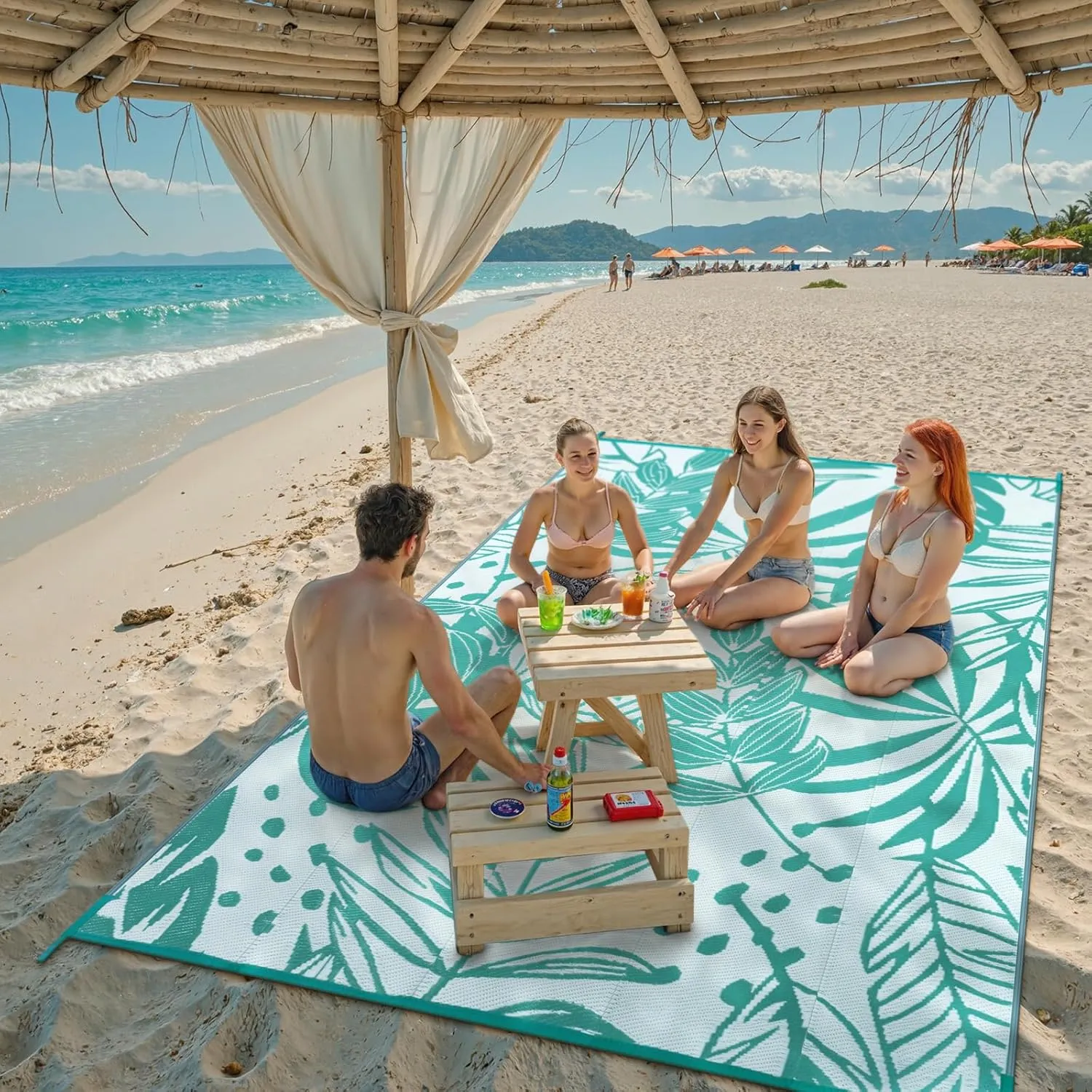 Anidaroel Leaf Outdoor Rugs 6x9ft for Patios Clearance Waterproof, Reversible Tropical Plastic Straw Camping Mat Outside Rug, Large Outdoor Area Rug for RV, Deck, Balcony, Picnic(Blue,6'x9')