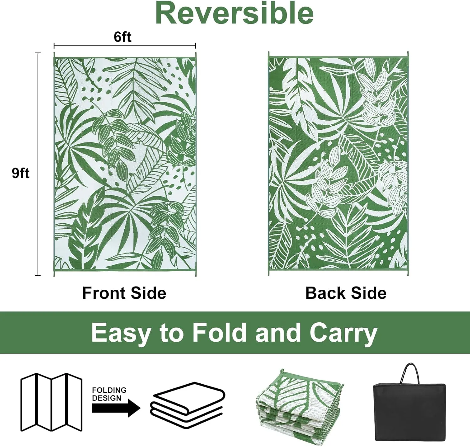 Anidaroel Leaf Outdoor Rugs 6x9ft for Patios Clearance Waterproof, Reversible Tropical Plastic Straw Camping Mat Outside Rug, Large Outdoor Area Rug for RV, Deck, Balcony, Picnic(Green,6'x9')