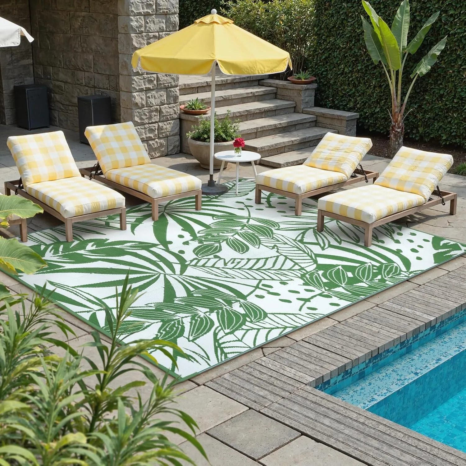 Anidaroel Leaf Outdoor Rugs 6x9ft for Patios Clearance Waterproof, Reversible Tropical Plastic Straw Camping Mat Outside Rug, Large Outdoor Area Rug for RV, Deck, Balcony, Picnic(Green,6'x9')