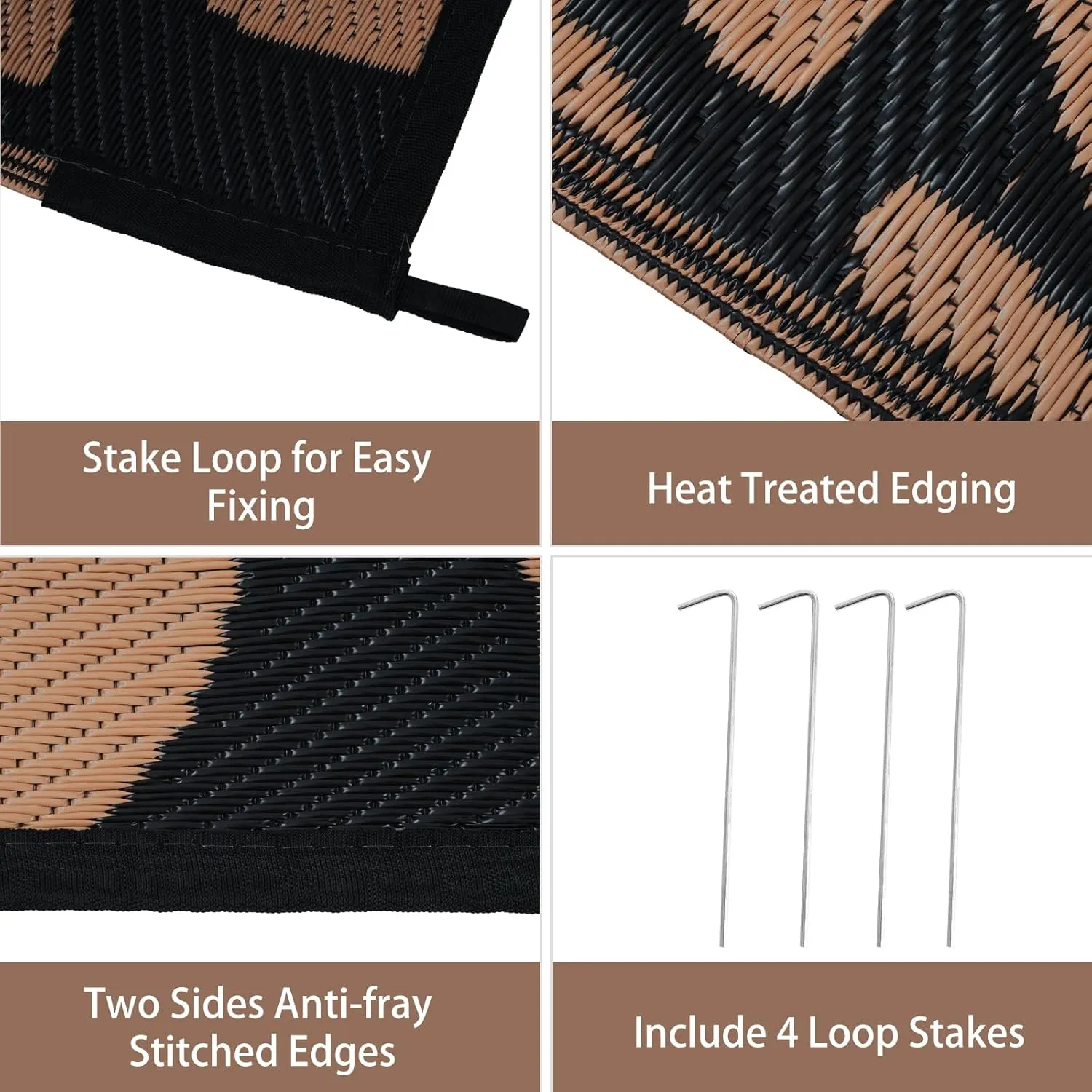 Anidaroel Outdoor Rugs 6x9ft for Patios Clearance Waterproof, Reversible Tropical Plastic Straw Camping Mat Outside Rug, Large Outdoor Area Rug for RV,Deck, Balcony, Picnic(Black/Brown,6'x9')