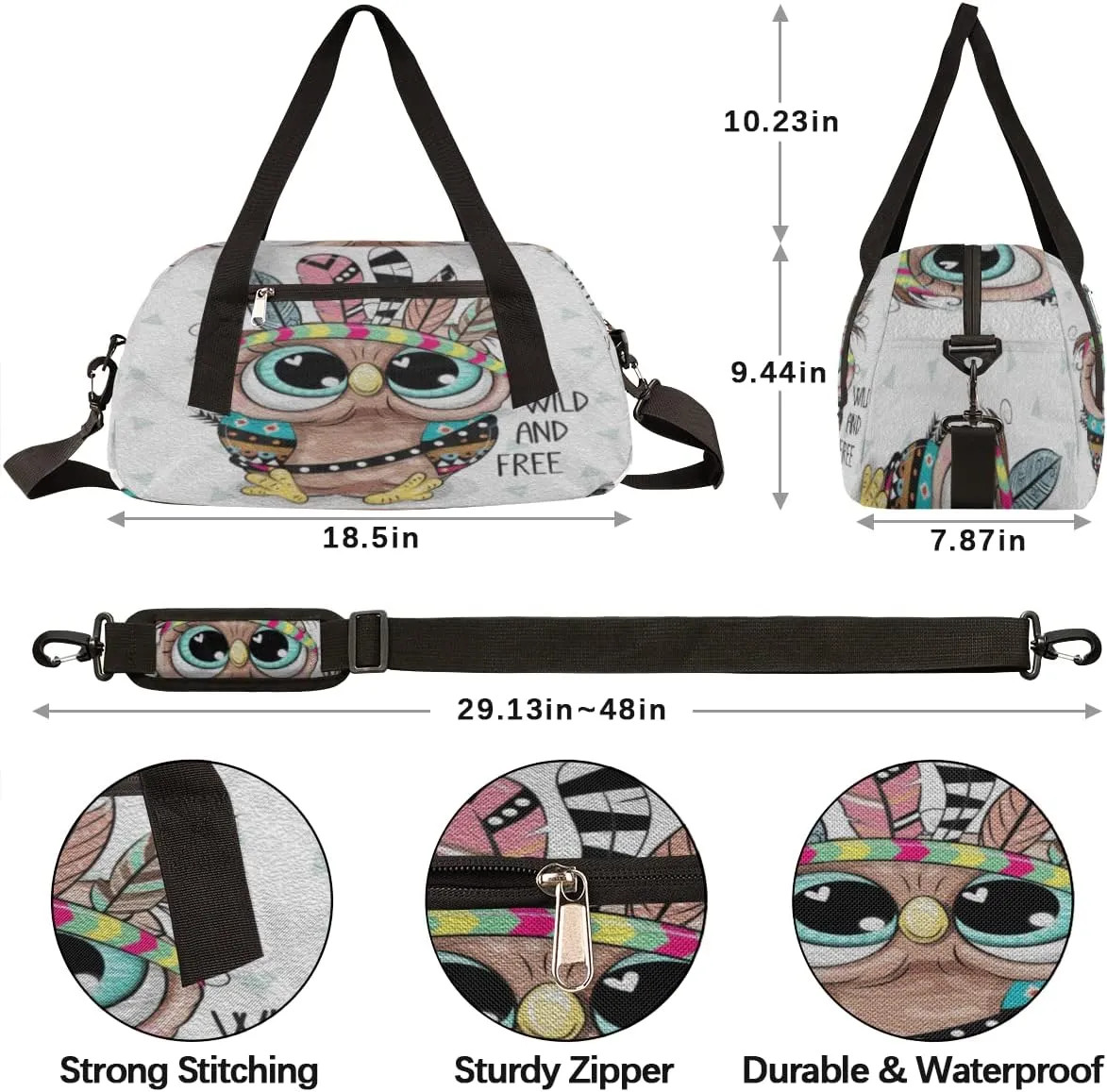 Animal Owl Feather Kids Duffel Bag for Girls Boys Teens, Oil Painting Dance Bag Overnight Small Duffel Bag Carry On Weekend Sports Gym Travel Bag for School Practice Gymnastics Ballet