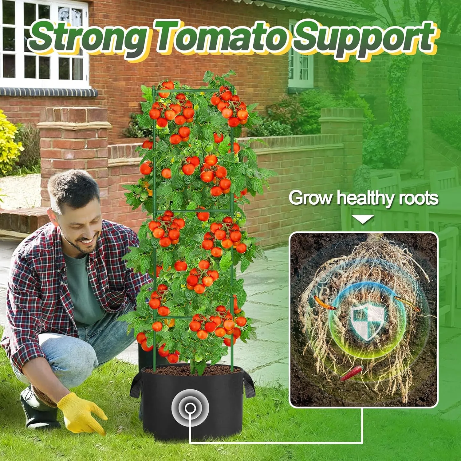 ANPHSIN 3 Sets Tomato Cages with 7 gal Grow Bags - 47'' Stable Plant Garden Planters, Flexible Vegetable Trellis for Balcony Deck Yard Tomatoes Peppers Eggplants Flowers