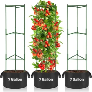 ANPHSIN 3 Sets Tomato Cages with 7 gal Grow Bags - 47'' Stable Plant Garden Planters, Flexible Vegetable Trellis for Balcony Deck Yard Tomatoes Peppers Eggplants Flowers