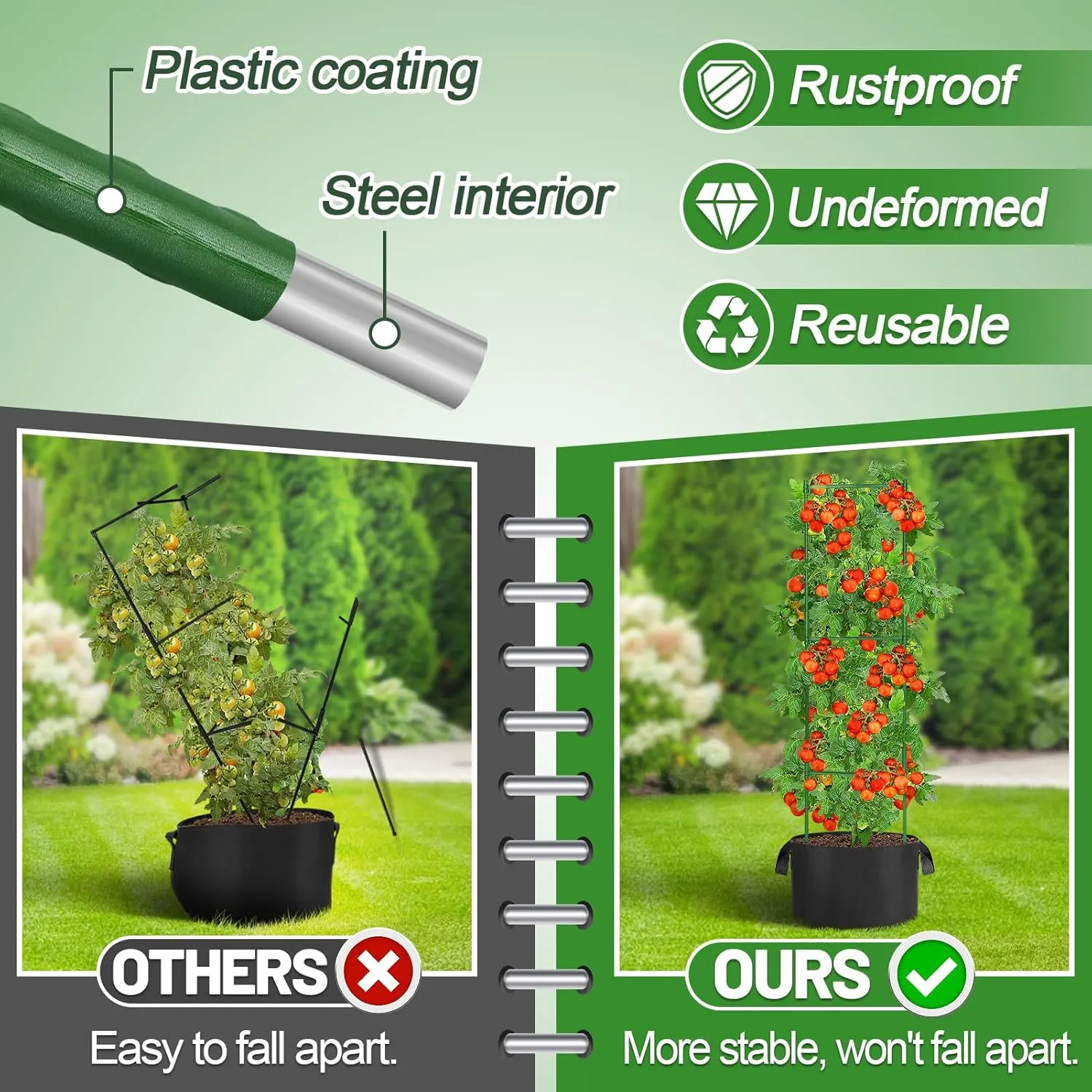 ANPHSIN 3 Sets Tomato Cages with 7 gal Grow Bags - 47'' Stable Plant Garden Planters, Flexible Vegetable Trellis for Balcony Deck Yard Tomatoes Peppers Eggplants Flowers