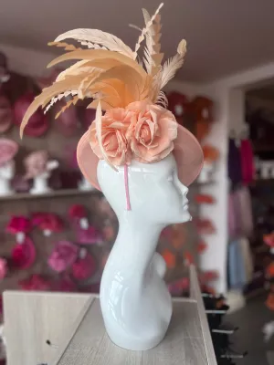 Apricot Large Disc Fascinator With Rose Flowers & Feathers