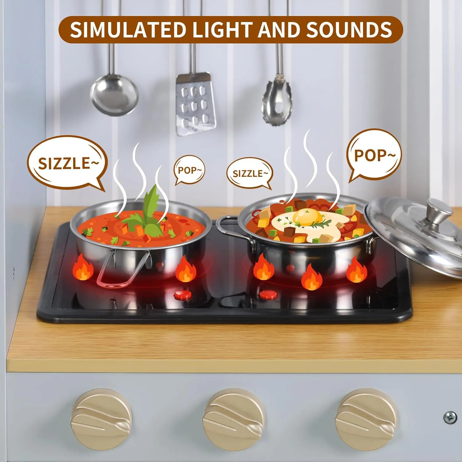 Arlopu Play Kitchen for Kids, Pretend Preschool Kitchen Sets, Wooden Cooking Playset w/Realistic Light & Sound, Telephone, Stove, Fridge, Microwave, Removable Sink, Water Dispenser (Gray)