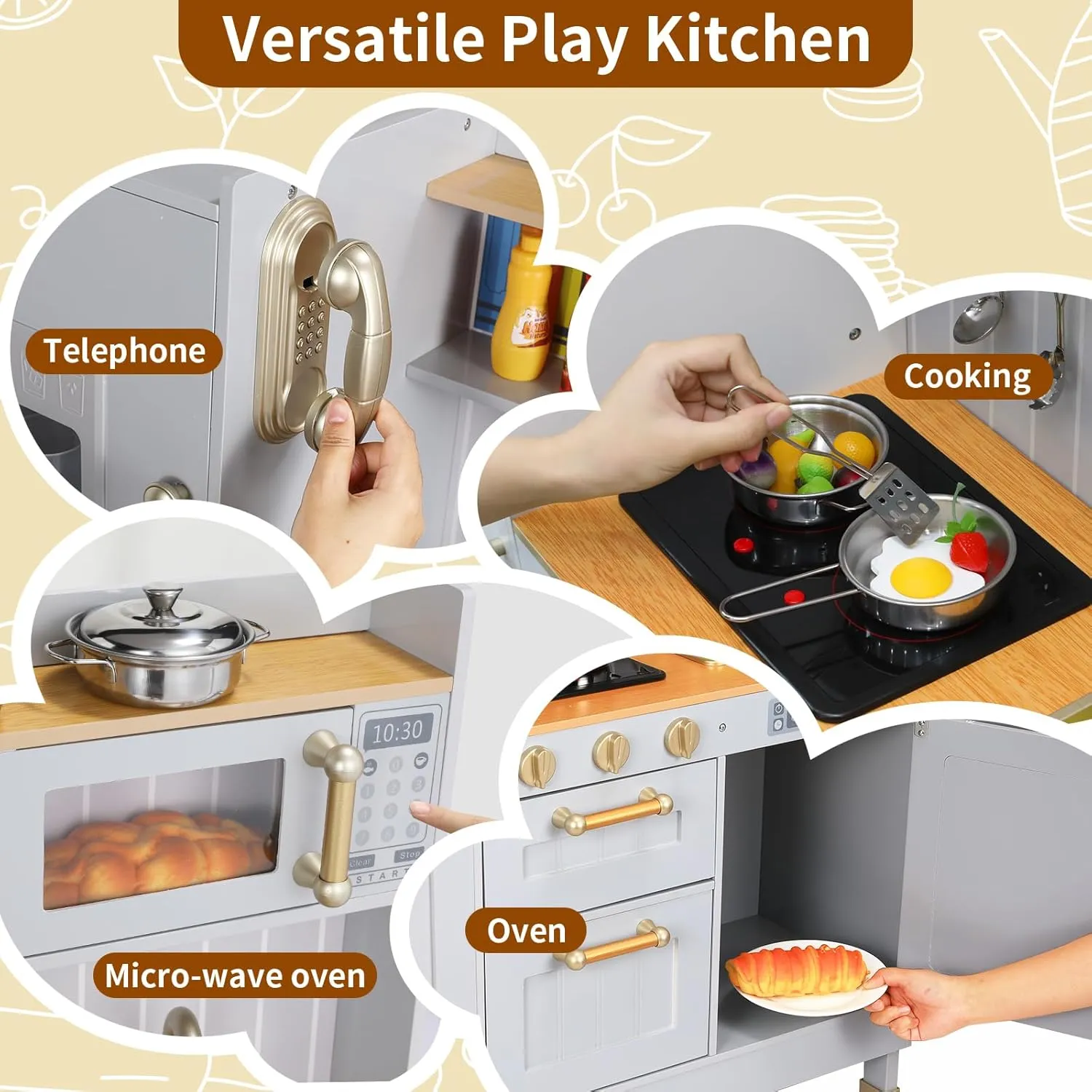 Arlopu Play Kitchen for Kids, Pretend Preschool Kitchen Sets, Wooden Cooking Playset w/Realistic Light & Sound, Telephone, Stove, Fridge, Microwave, Removable Sink, Water Dispenser (Gray)
