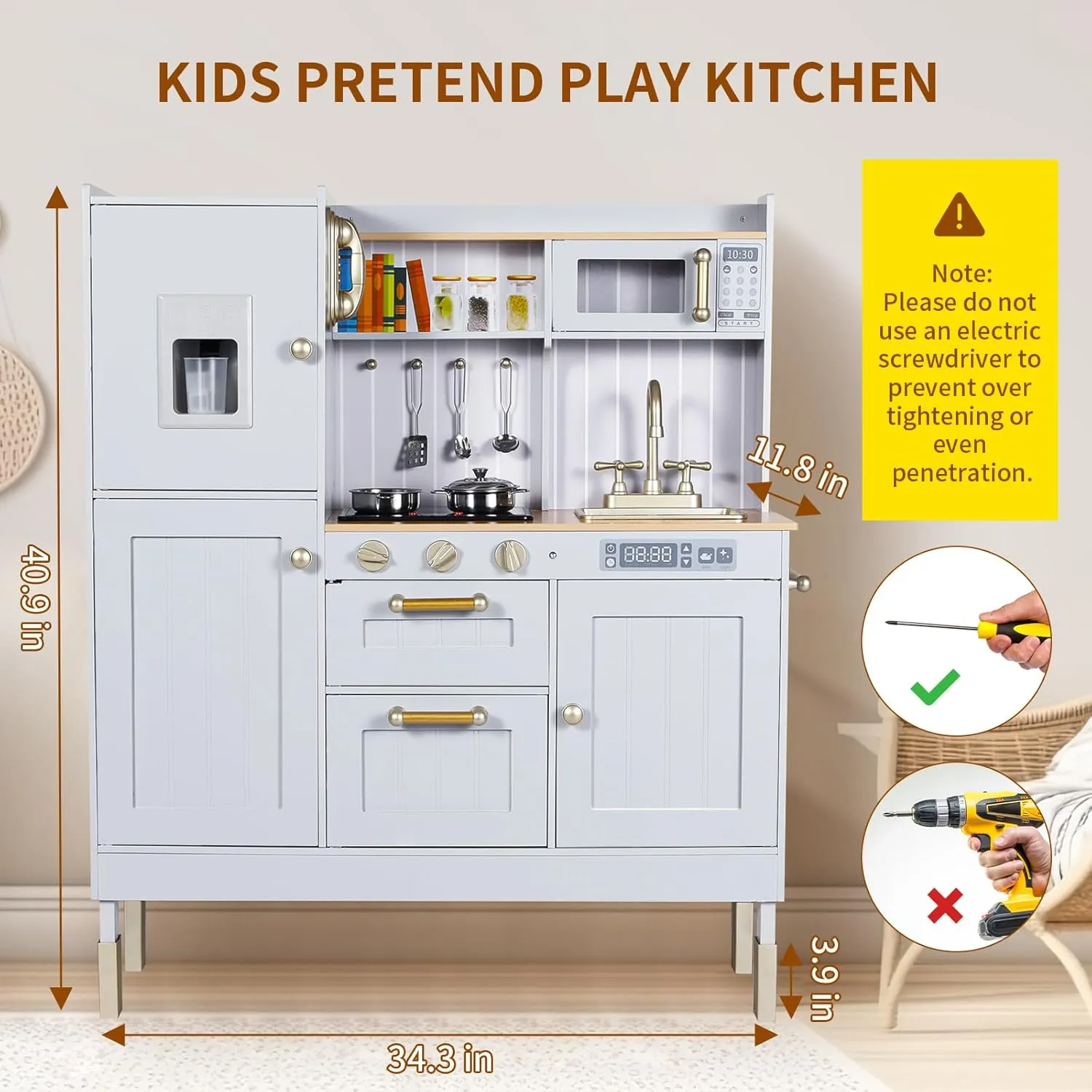Arlopu Play Kitchen for Kids, Pretend Preschool Kitchen Sets, Wooden Cooking Playset w/Realistic Light & Sound, Telephone, Stove, Fridge, Microwave, Removable Sink, Water Dispenser (Gray)