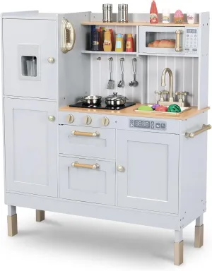 Arlopu Play Kitchen for Kids, Pretend Preschool Kitchen Sets, Wooden Cooking Playset w/Realistic Light & Sound, Telephone, Stove, Fridge, Microwave, Removable Sink, Water Dispenser (Gray)