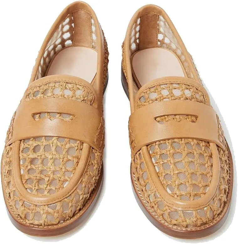 Arqa Penny Loafers for Women Comfortable Slip on Formal Work Flats Natural Raffia Woven Flats Dressy Casual Walking Shoes