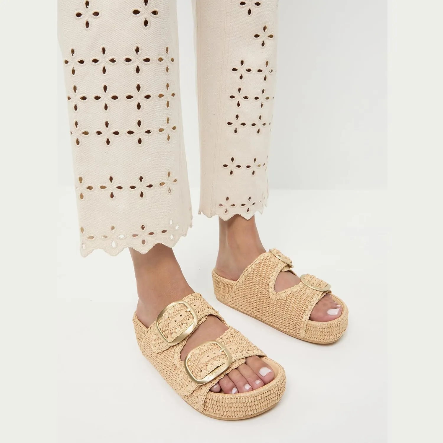 Arqa Raffia Platform Sandals for Women Open Toe Natural Straw Footbed Slides Comfortable Casual Adjustable Buckle Strap Woven Flatform Sandal Summer Beach Wedge Heel Slippers