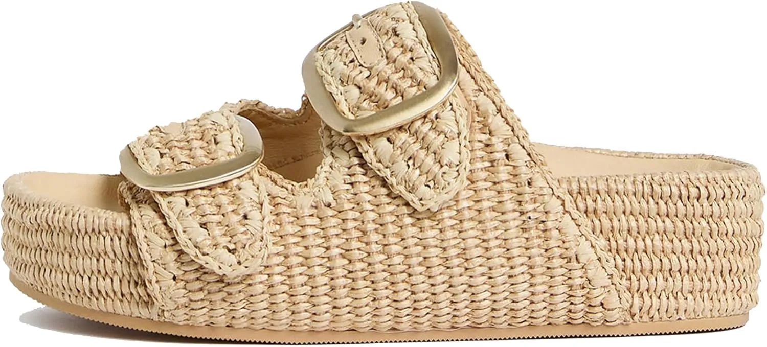 Arqa Raffia Platform Sandals for Women Open Toe Natural Straw Footbed Slides Comfortable Casual Adjustable Buckle Strap Woven Flatform Sandal Summer Beach Wedge Heel Slippers