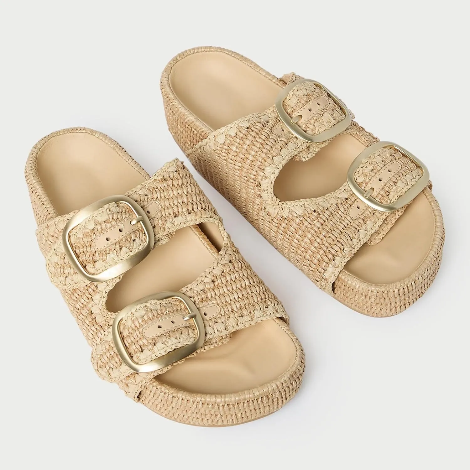 Arqa Raffia Platform Sandals for Women Open Toe Natural Straw Footbed Slides Comfortable Casual Adjustable Buckle Strap Woven Flatform Sandal Summer Beach Wedge Heel Slippers