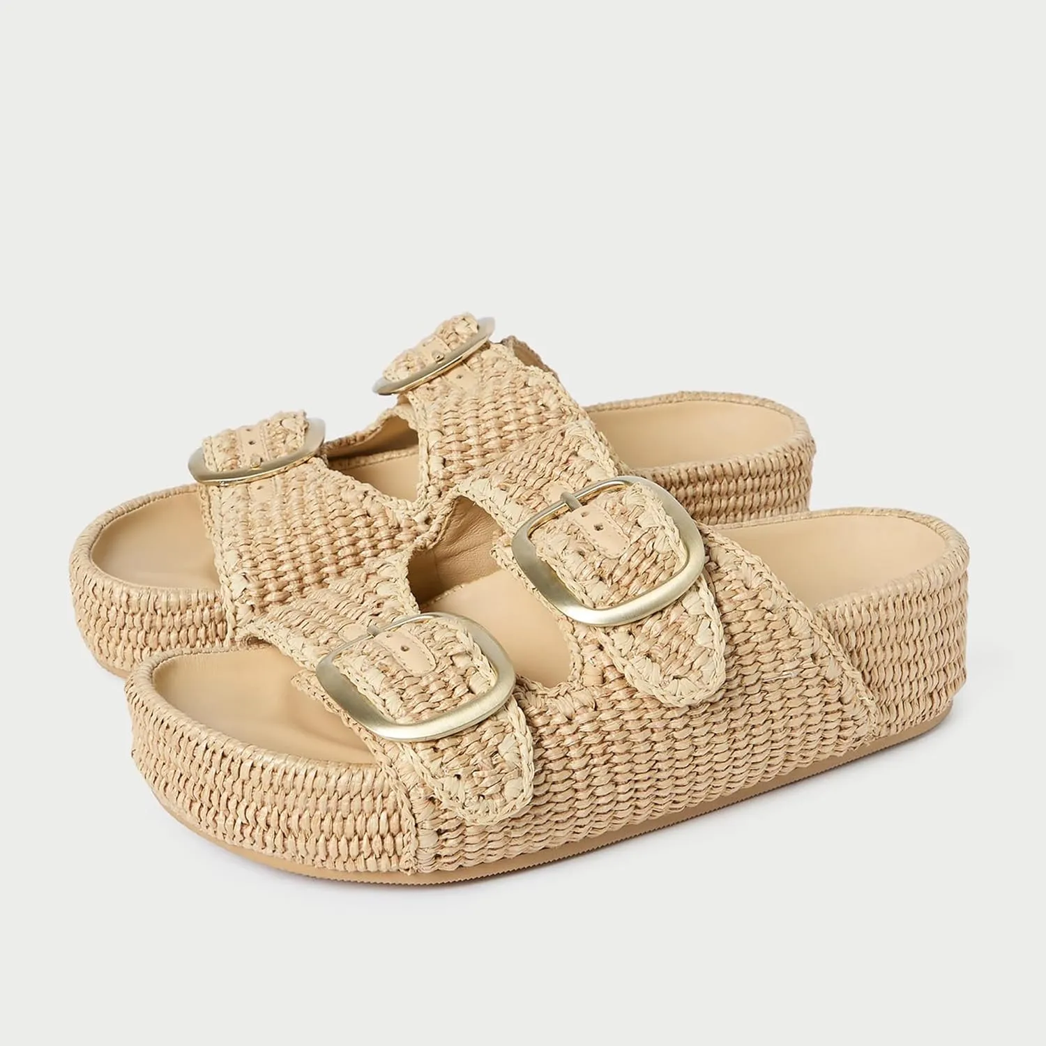 Arqa Raffia Platform Sandals for Women Open Toe Natural Straw Footbed Slides Comfortable Casual Adjustable Buckle Strap Woven Flatform Sandal Summer Beach Wedge Heel Slippers