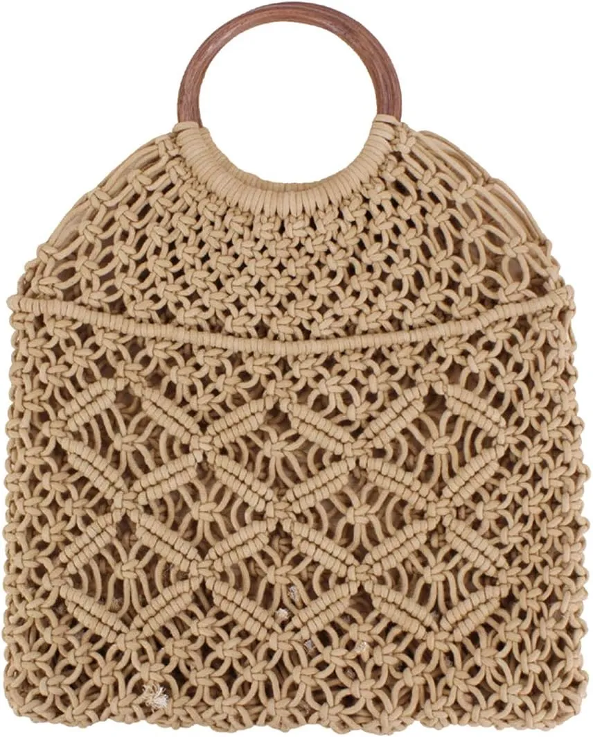Ayliss Handmade Straw Bag Travel Beach Fishing Net Handbag Shopping Woven Shoulder Bag for Women