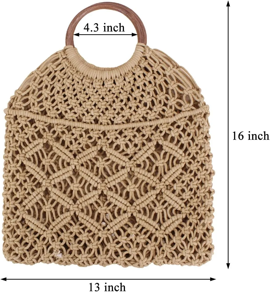 Ayliss Handmade Straw Bag Travel Beach Fishing Net Handbag Shopping Woven Shoulder Bag for Women