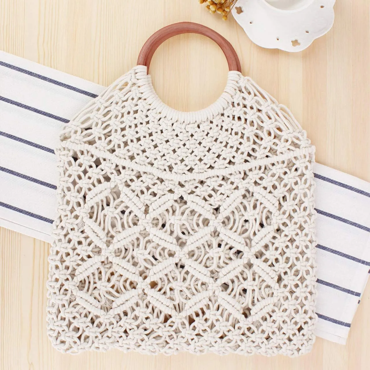 Ayliss Handmade Straw Bag Travel Beach Fishing Net Handbag Shopping Woven Shoulder Bag for Women