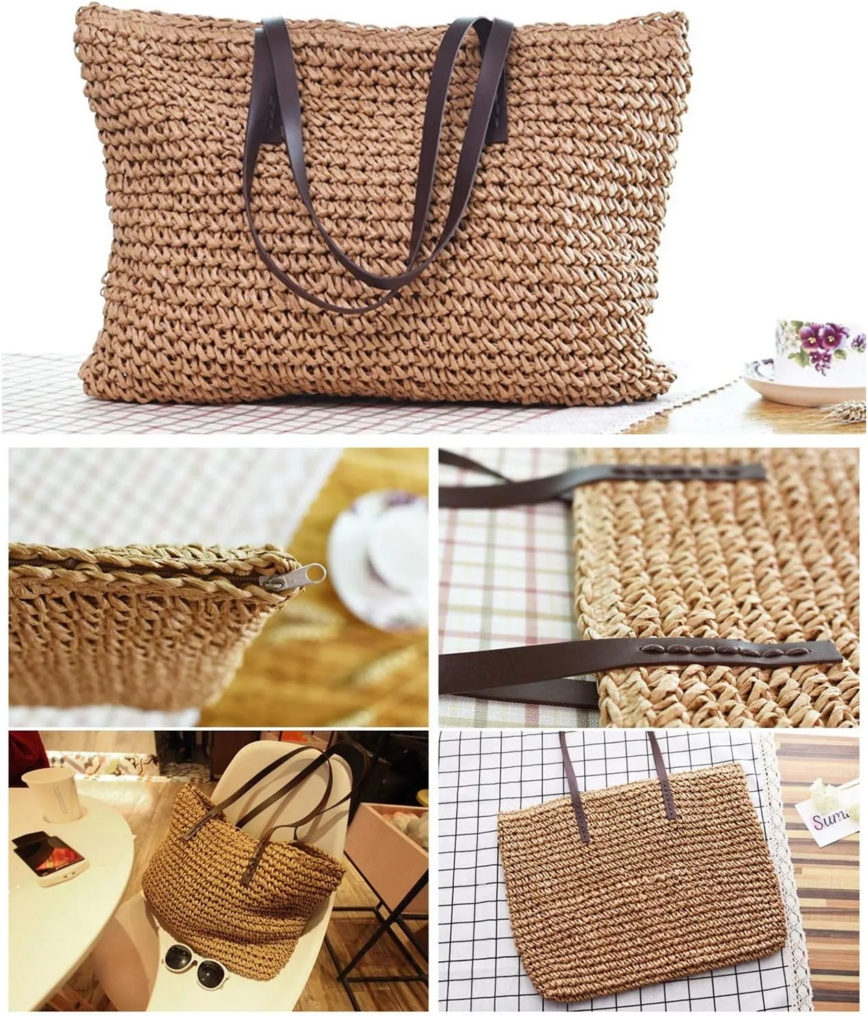 Ayliss Women Straw Woven Tote Large Beach Handmade Weaving Shoulder Bag Purse Straw Handbag