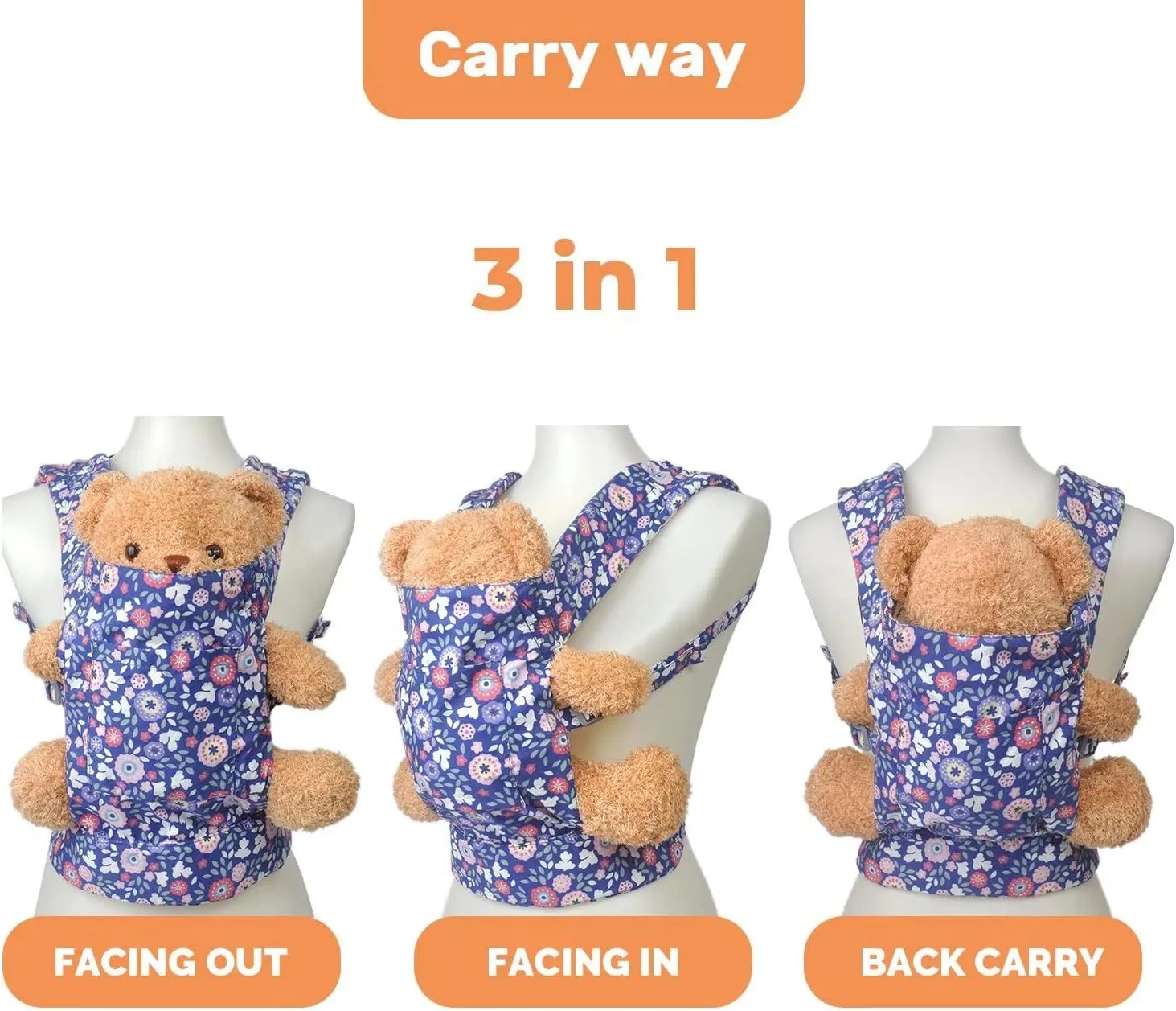 Baby Doll Carrier for Baby Girl Premiums Soft Cotton Straps and Skin-Friendly Webbing Stuffed Animal Carrier for Kids and Toddler Facing in Facing Out and Backpack 18 inch Doll Flower Design