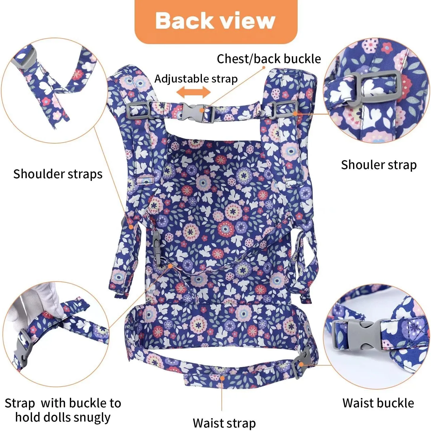 Baby Doll Carrier for Baby Girl Premiums Soft Cotton Straps and Skin-Friendly Webbing Stuffed Animal Carrier for Kids and Toddler Facing in Facing Out and Backpack 18 inch Doll Flower Design