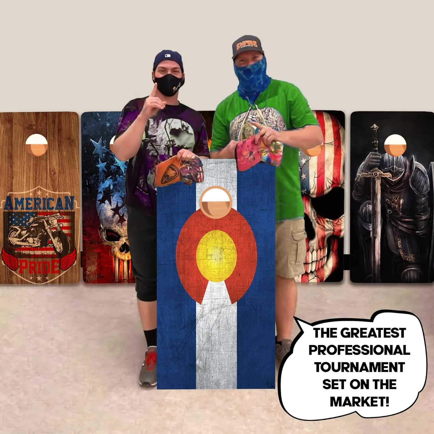 BackYardGamesUSA Pro Cornhole Boards Set | Made in USA | 3/4 Baltic Birch | No Bounce | Triple Thick Legs | Two Brace & Handles, Tournament 2x4 Regulation Set with Score Tower & Cornhole Bags