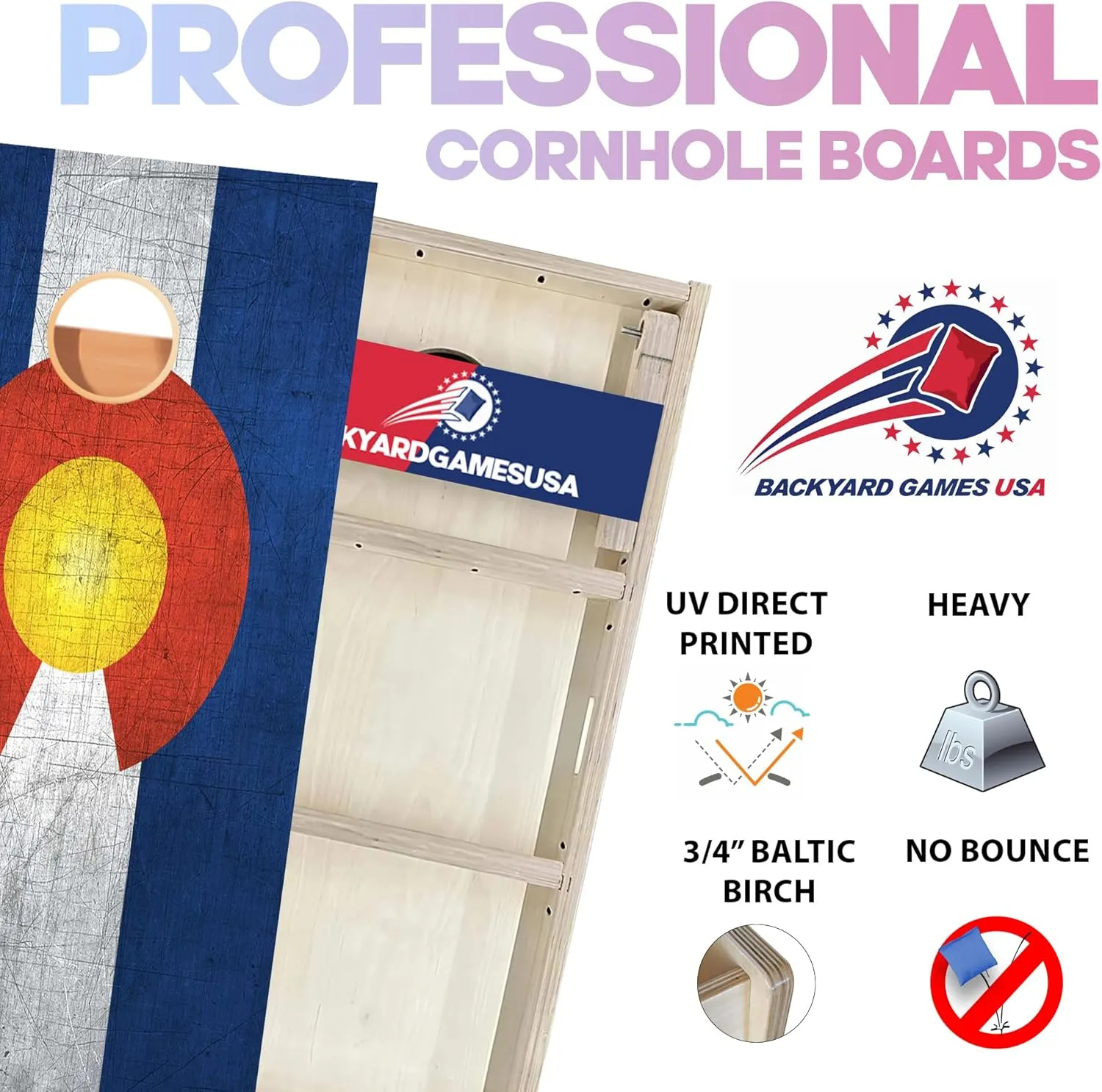 BackYardGamesUSA Pro Cornhole Boards Set | Made in USA | 3/4 Baltic Birch | No Bounce | Triple Thick Legs | Two Brace & Handles, Tournament 2x4 Regulation Set with Score Tower & Cornhole Bags
