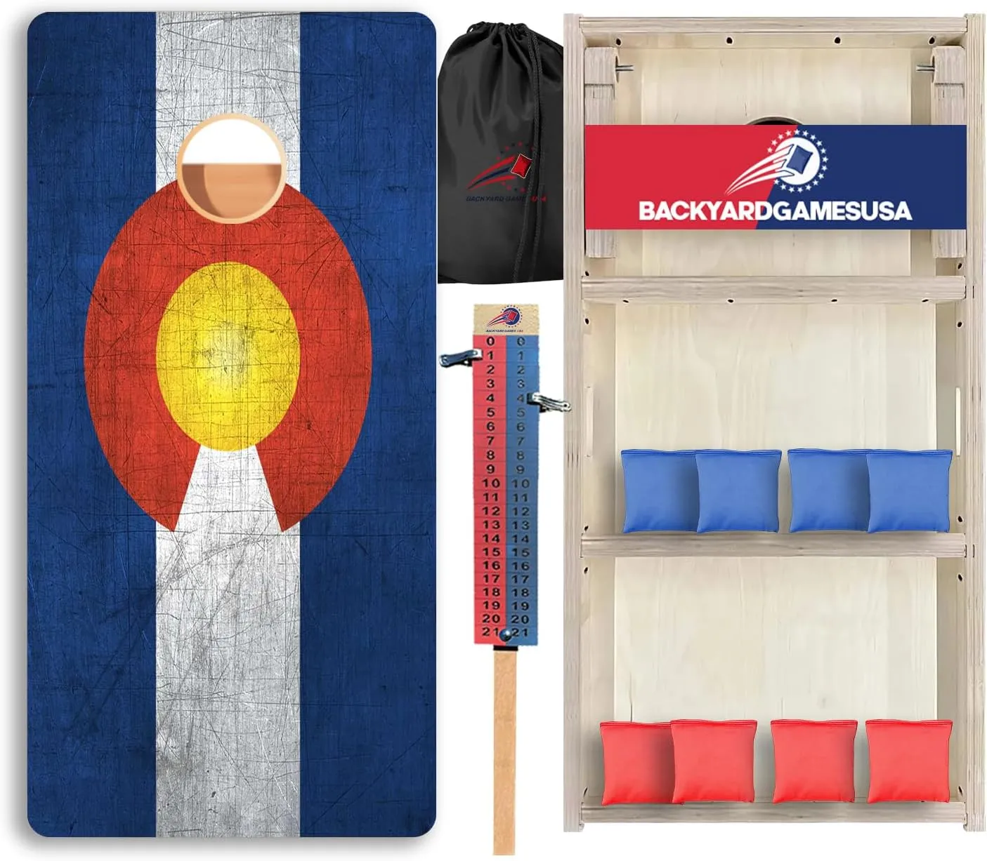 BackYardGamesUSA Pro Cornhole Boards Set | Made in USA | 3/4 Baltic Birch | No Bounce | Triple Thick Legs | Two Brace & Handles, Tournament 2x4 Regulation Set with Score Tower & Cornhole Bags