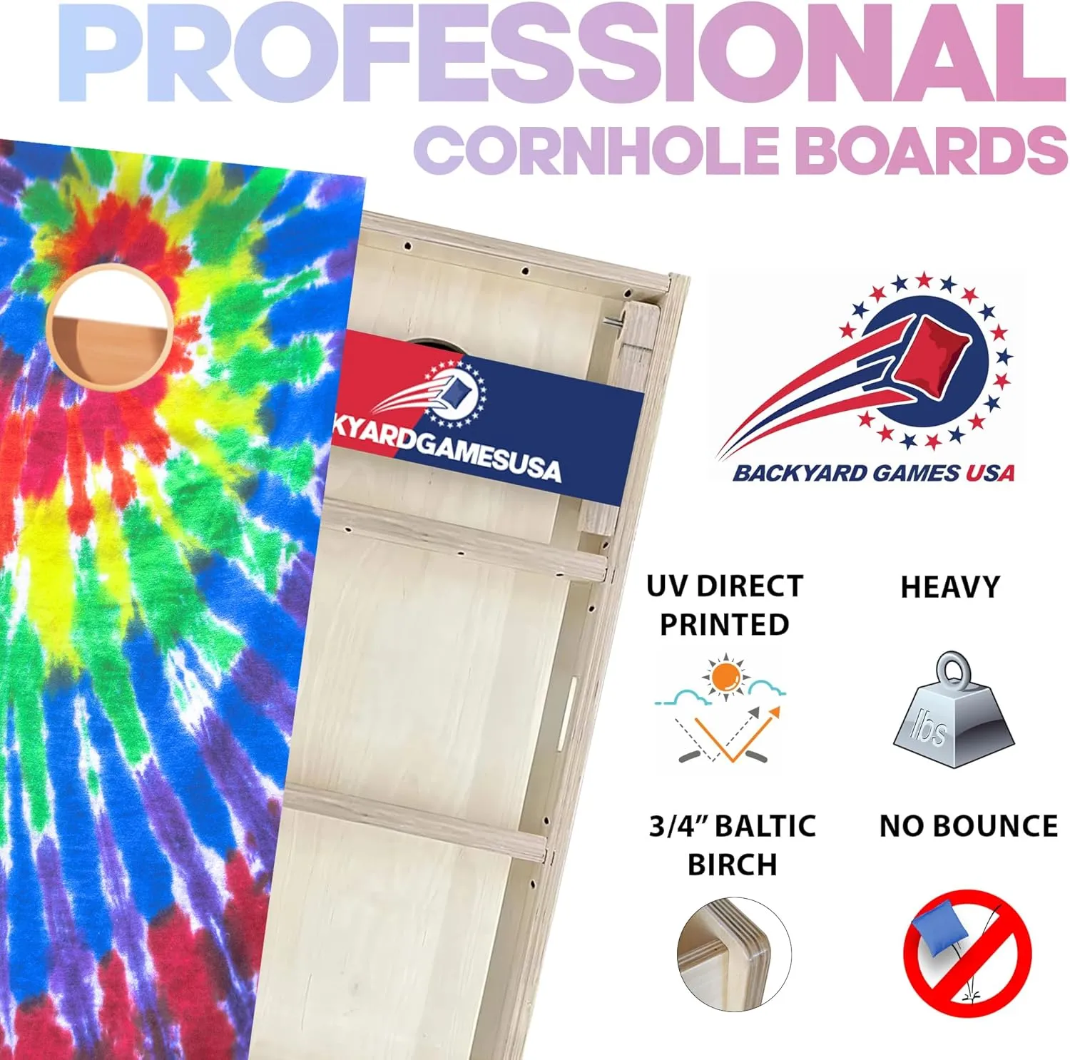 BackYardGamesUSA Pro Cornhole Boards Set | Made in USA | 3/4 Baltic Birch | No Bounce | Triple Thick Legs | Two Brace & Handles, Tournament 2x4 Regulation Set with Score Tower & Cornhole Bags