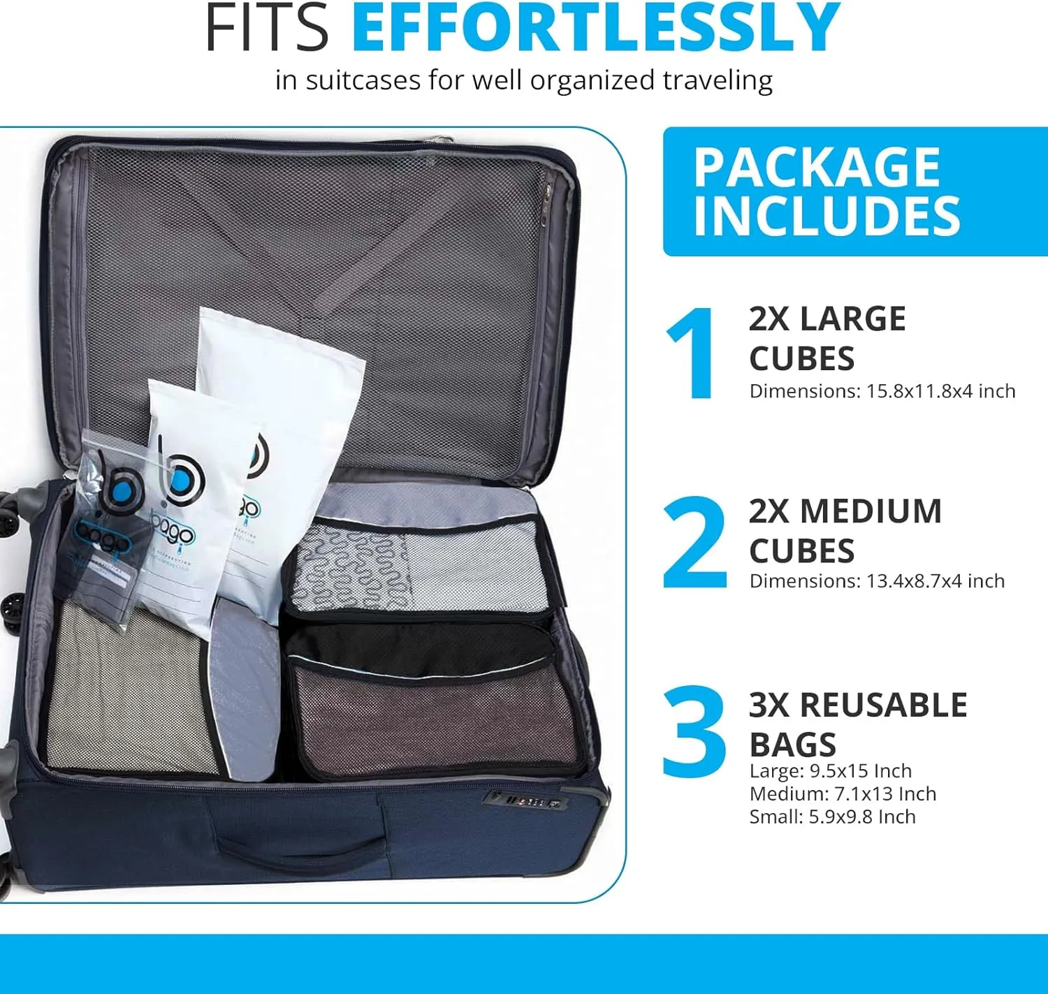 bago 7 Pcs Packing Cubes for Travel - 4 Travel Packing Cubes for Suitcases with 3 ZipLock Bags - Luggage Organizer Bags to Get Maximum Storage, Save Time & Effort to Pack (Gray)