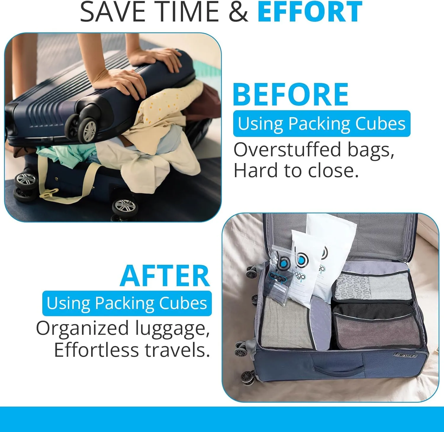 bago 7 Pcs Packing Cubes for Travel - 4 Travel Packing Cubes for Suitcases with 3 ZipLock Bags - Luggage Organizer Bags to Get Maximum Storage, Save Time & Effort to Pack (Gray)