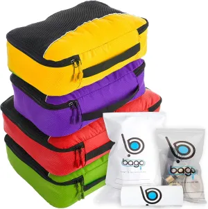 bago 7 Pcs Packing Cubes for Travel - 4 Travel Packing Cubes for Suitcases with 3 ZipLock Bags - Luggage Organizer Bags to Get Maximum Storage, Save Time & Effort to Pack (Green Red PurpleYellow)