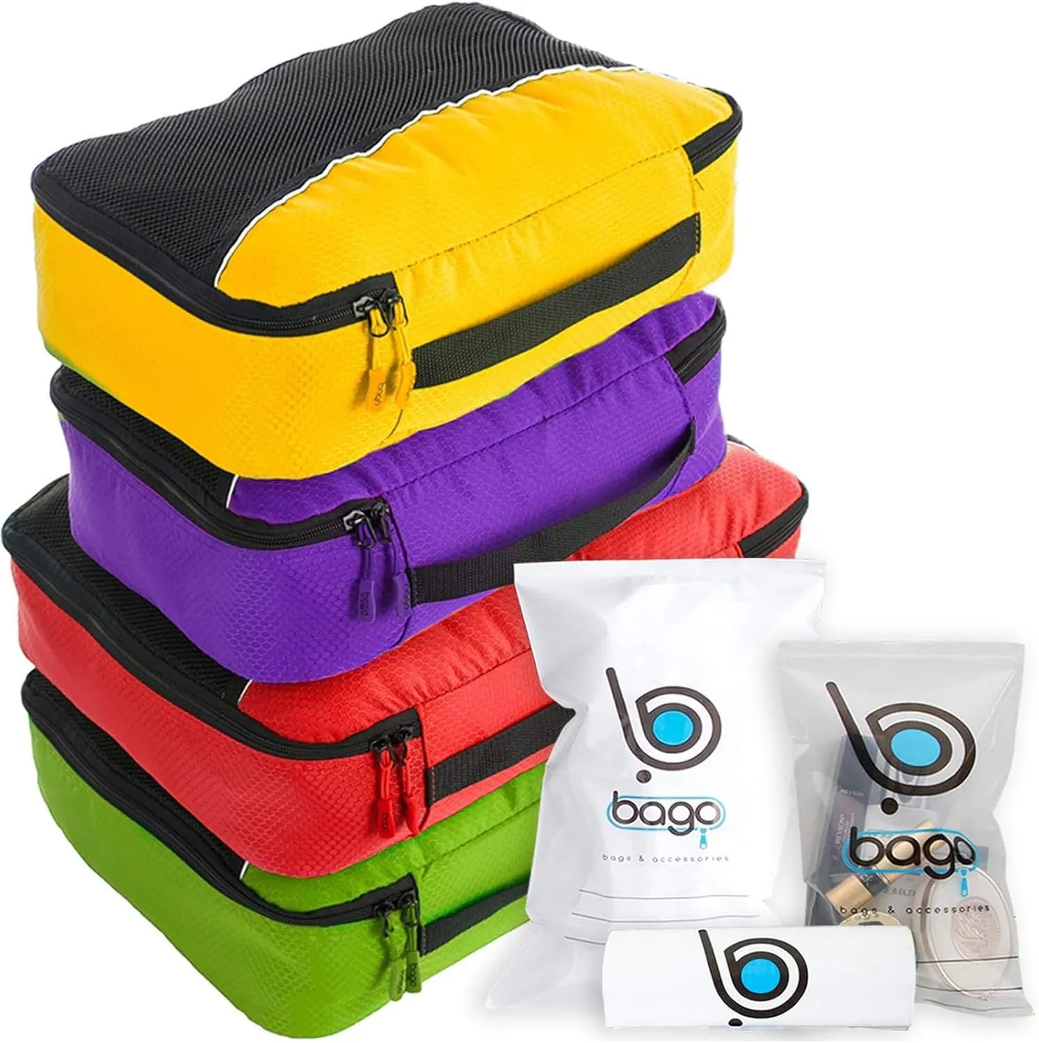bago 7 Pcs Packing Cubes for Travel - 4 Travel Packing Cubes for Suitcases with 3 ZipLock Bags - Luggage Organizer Bags to Get Maximum Storage, Save Time & Effort to Pack (Green Red PurpleYellow)