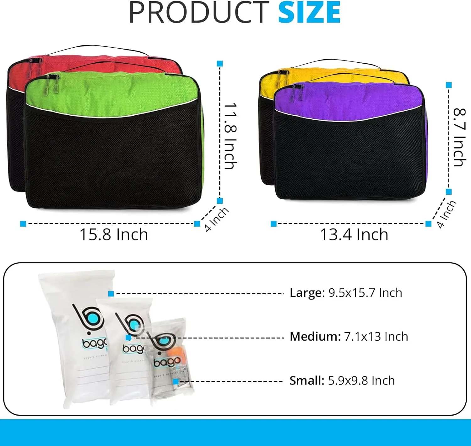 bago 7 Pcs Packing Cubes for Travel - 4 Travel Packing Cubes for Suitcases with 3 ZipLock Bags - Luggage Organizer Bags to Get Maximum Storage, Save Time & Effort to Pack (Green Red PurpleYellow)