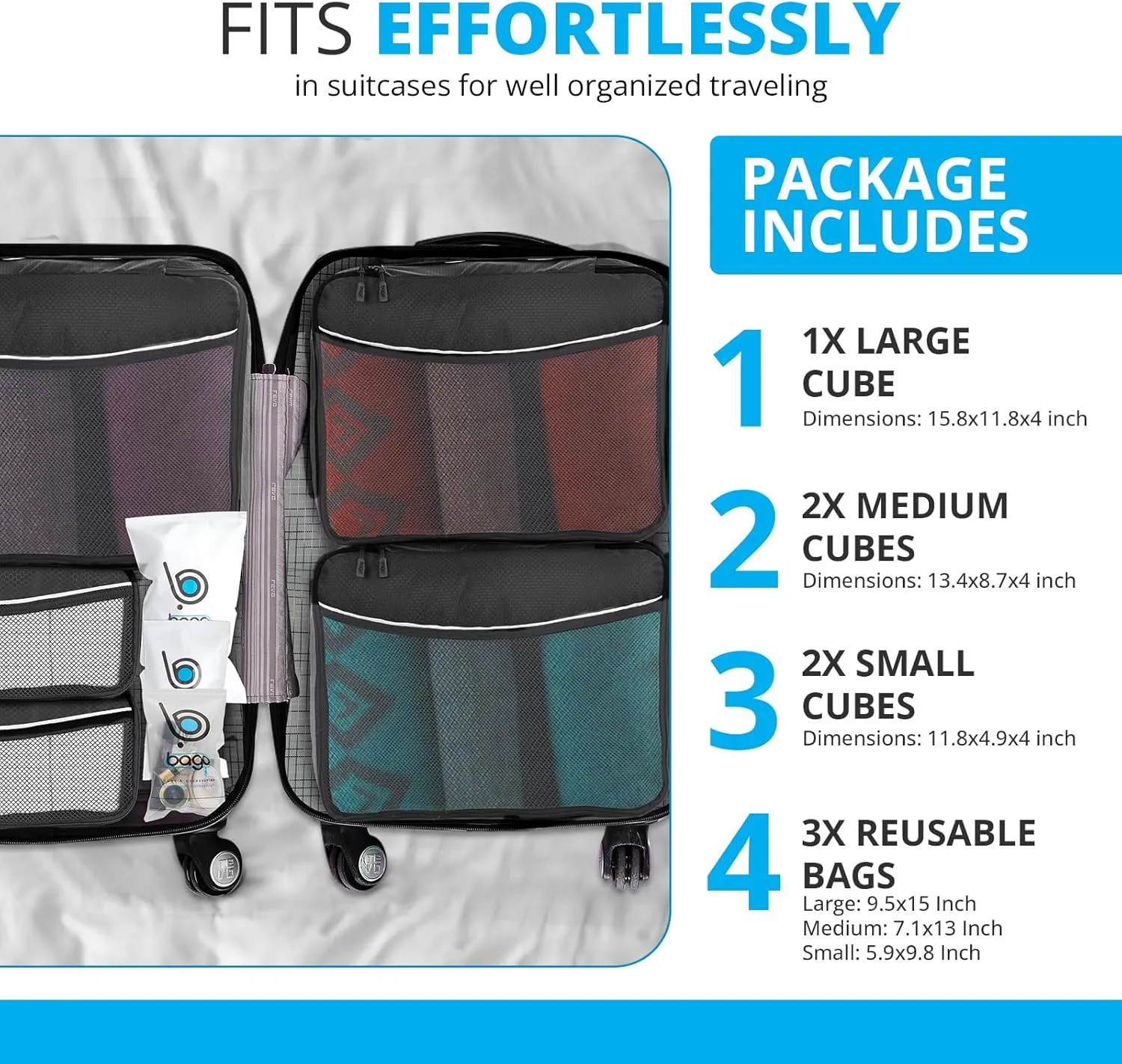 bago 8 Pcs Packing Cubes for Suitcases - 5 Travel Cubes with 3 ZipLock Bags - Luggage Organizer Bags to Get Maximum Storage, Save Time & Effort to Pack - Happy Traveling (Purple)