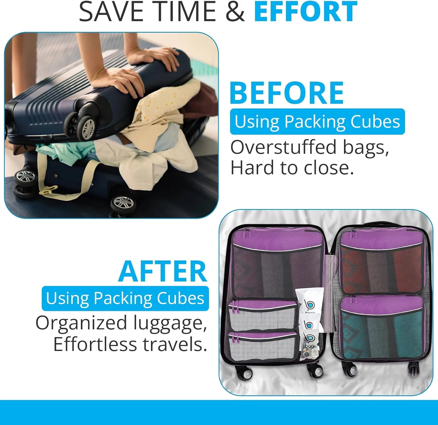 bago 8 Pcs Packing Cubes for Suitcases - 5 Travel Cubes with 3 ZipLock Bags - Luggage Organizer Bags to Get Maximum Storage, Save Time & Effort to Pack - Happy Traveling (Purple)