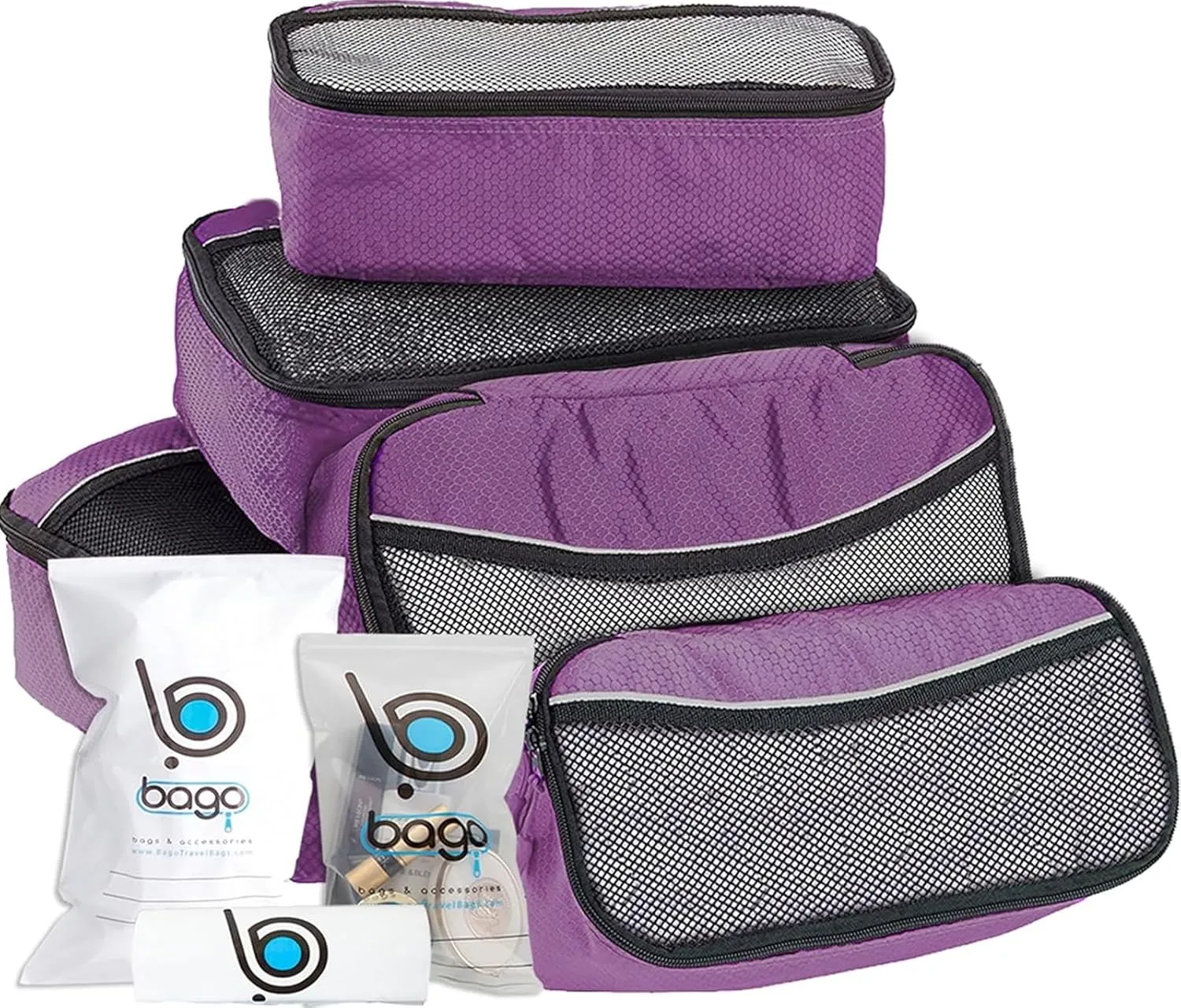 bago 8 Pcs Packing Cubes for Suitcases - 5 Travel Cubes with 3 ZipLock Bags - Luggage Organizer Bags to Get Maximum Storage, Save Time & Effort to Pack - Happy Traveling (Purple)