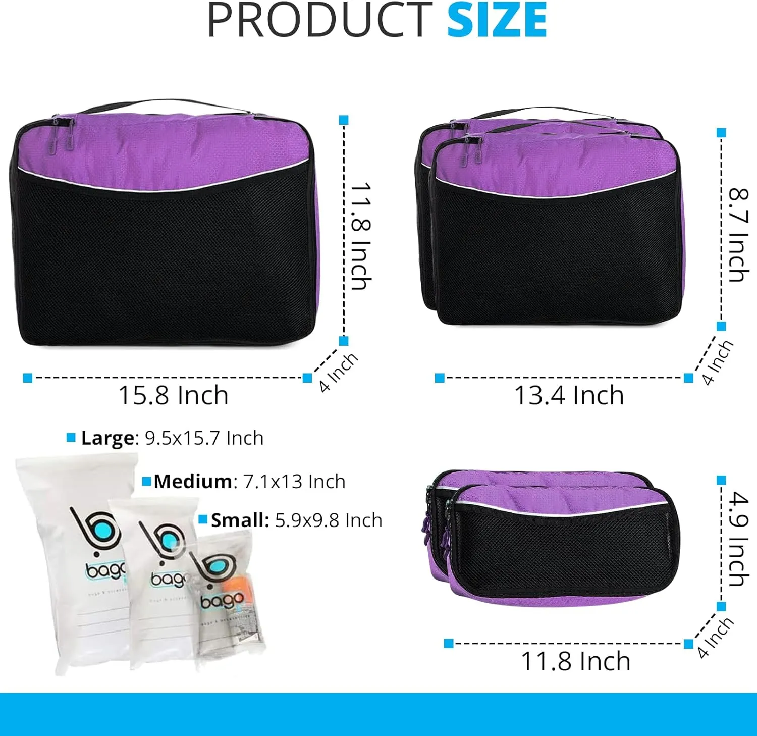 bago 8 Pcs Packing Cubes for Suitcases - 5 Travel Cubes with 3 ZipLock Bags - Luggage Organizer Bags to Get Maximum Storage, Save Time & Effort to Pack - Happy Traveling (Purple)