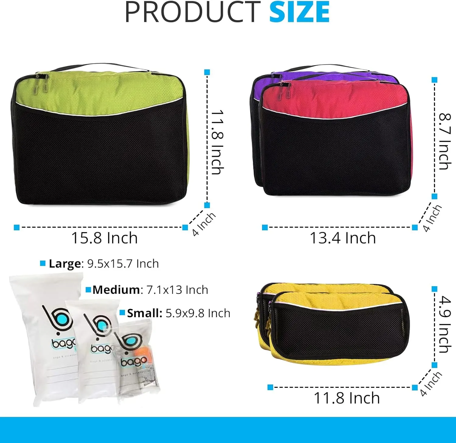 bago 8 Pcs Packing Cubes for Travel - 5 Travel Packing Cubes for Suitcases with 3 ZipLock Bags - Luggage Organizer Bags to Get Maximum Storage, Save Time & Effort to Pack (Green Red Purple Yellow)