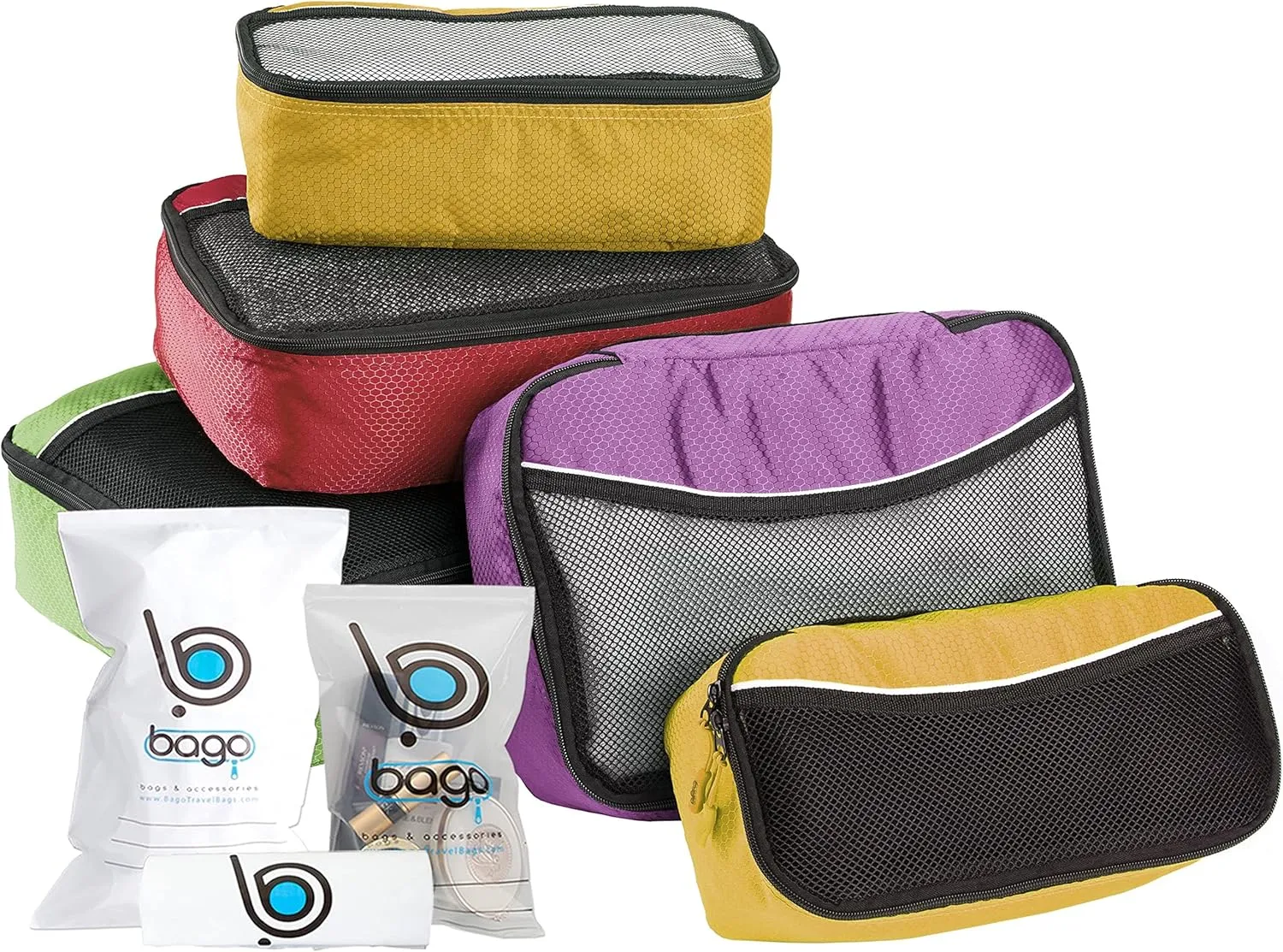 bago 8 Pcs Packing Cubes for Travel - 5 Travel Packing Cubes for Suitcases with 3 ZipLock Bags - Luggage Organizer Bags to Get Maximum Storage, Save Time & Effort to Pack (Green Red Purple Yellow)