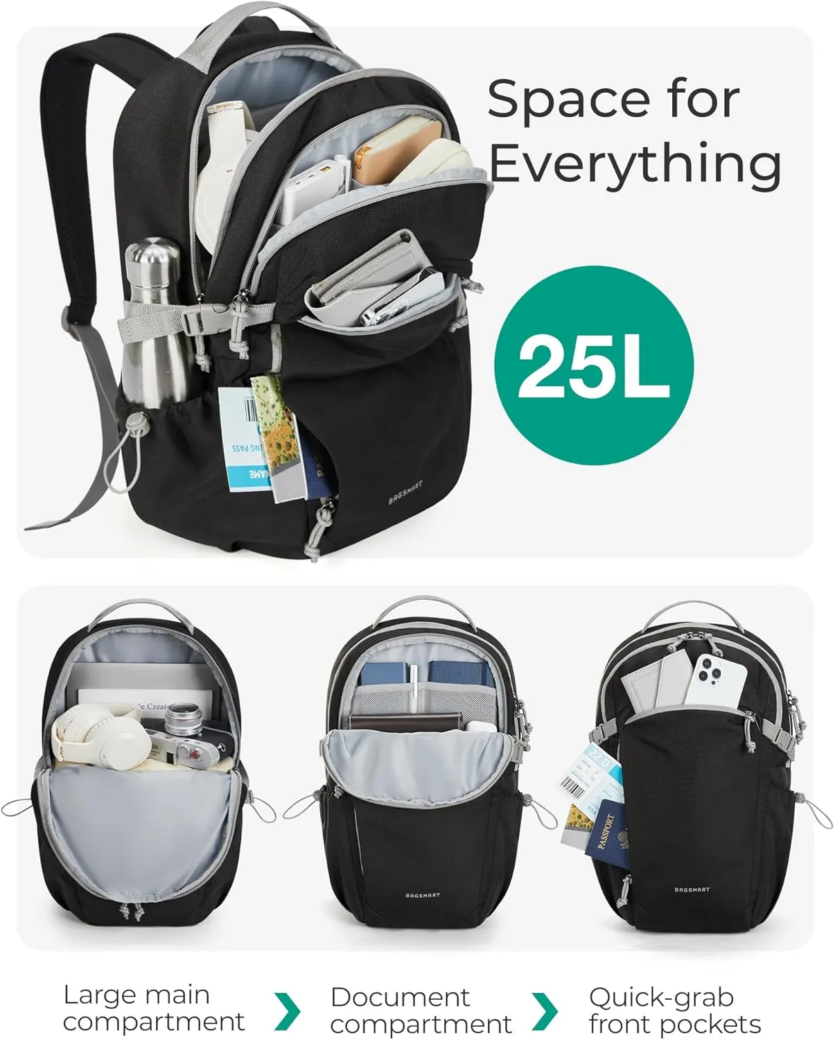 BAGSMART Travel Backpack for Women&Men,Lightweight 15.6" Casual Backpack for College,TSA Carry On Backpack for Airplanes,Water Resistant Personal Item Bag for Gym,Hiking,Work,Black