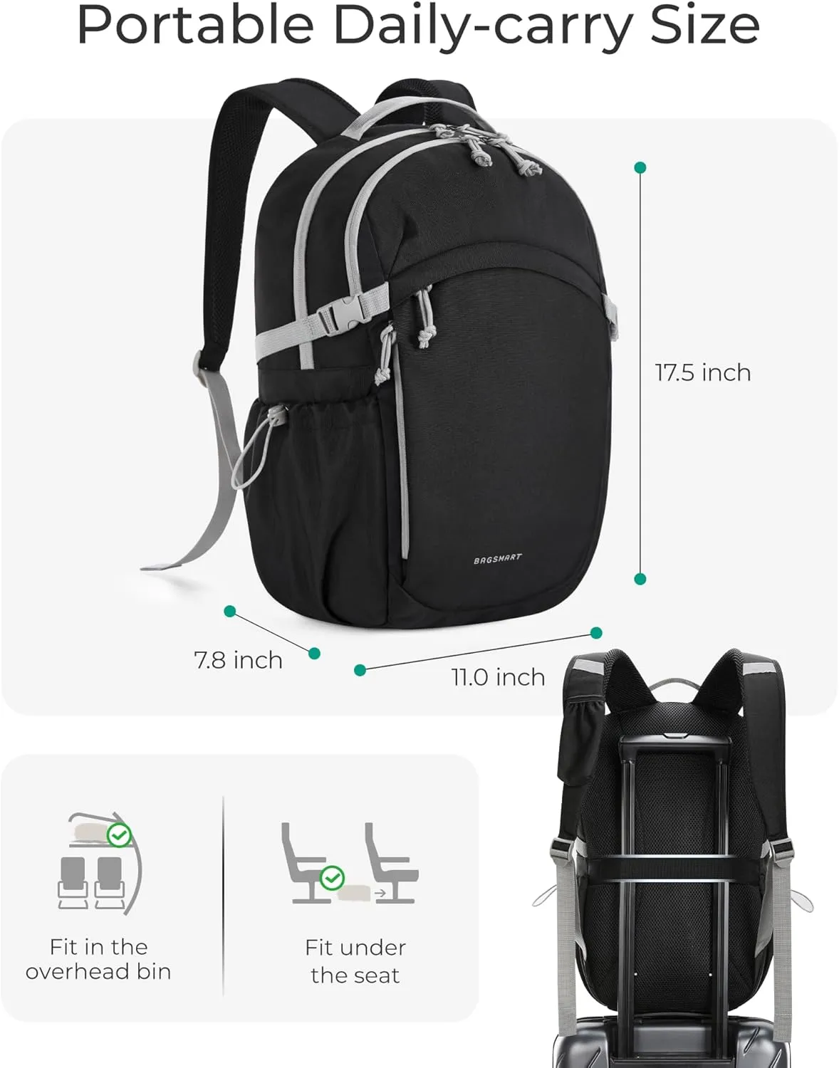 BAGSMART Travel Backpack for Women&Men,Lightweight 15.6" Casual Backpack for College,TSA Carry On Backpack for Airplanes,Water Resistant Personal Item Bag for Gym,Hiking,Work,Black