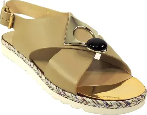 Baldinini Women's Beige Soft Leather Comfort Flat Summer Sandals with Woven Sole, Ankle Strap