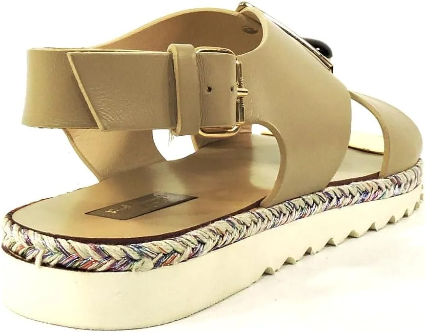Baldinini Women's Beige Soft Leather Comfort Flat Summer Sandals with Woven Sole, Ankle Strap