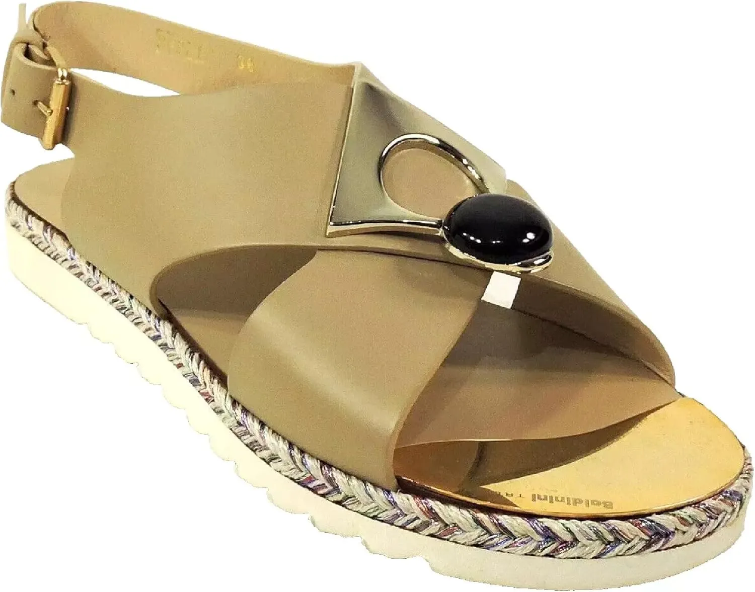 Baldinini Women's Beige Soft Leather Comfort Flat Summer Sandals with Woven Sole, Ankle Strap