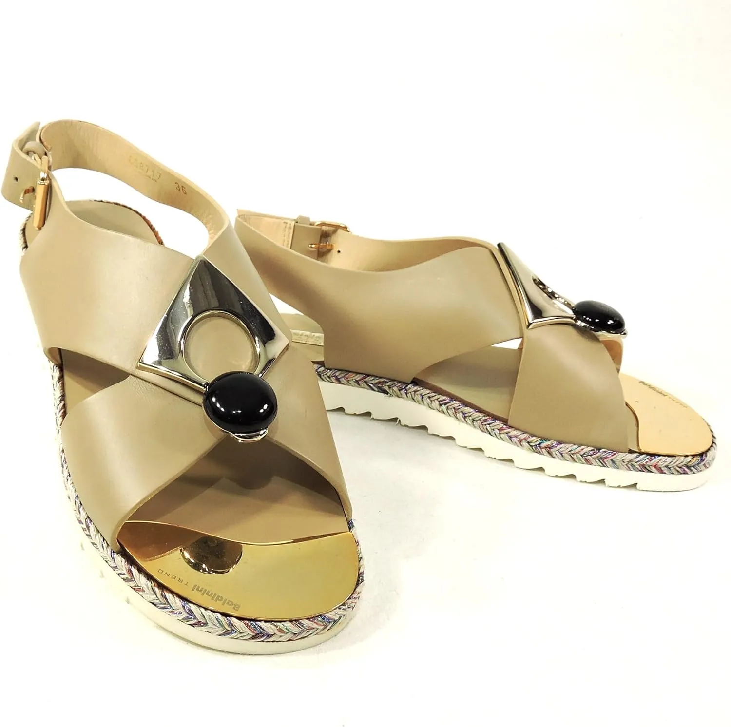 Baldinini Women's Beige Soft Leather Comfort Flat Summer Sandals with Woven Sole, Ankle Strap
